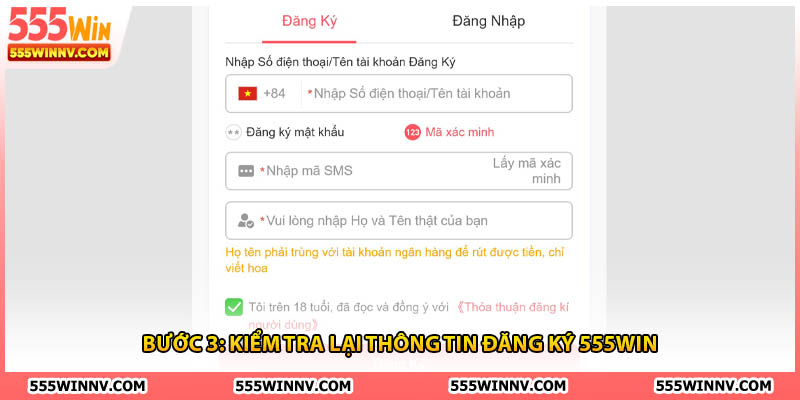 Kiểm tra lại thông tin đăng ký 555win
